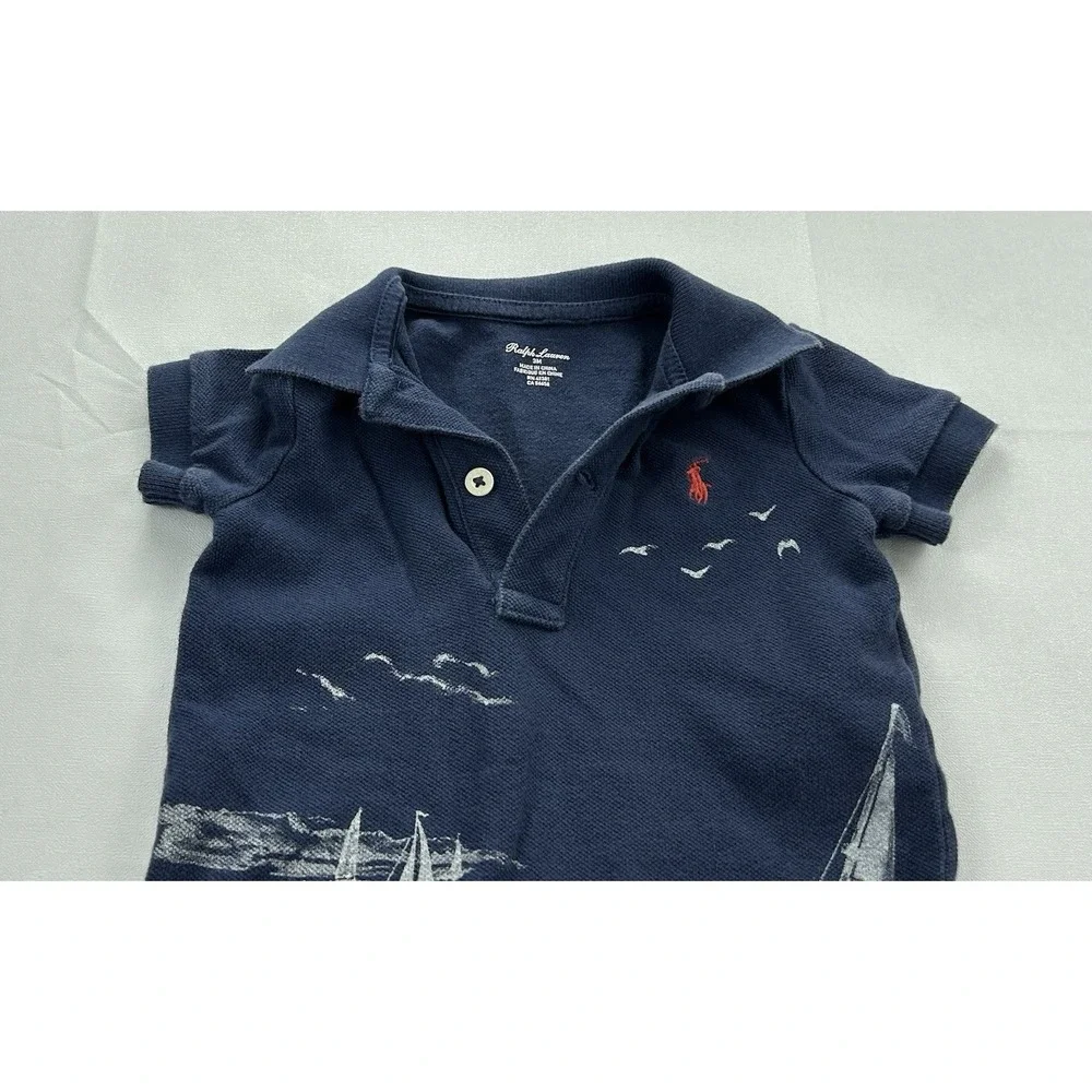 Ralph Lauren Baby Boys 3M Navy Polo Romper Shortall Sailboat Nautical Cotton